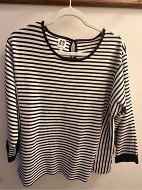 Anne Klein Black and White Striped Long Sleeve Tee with Contrast Trim